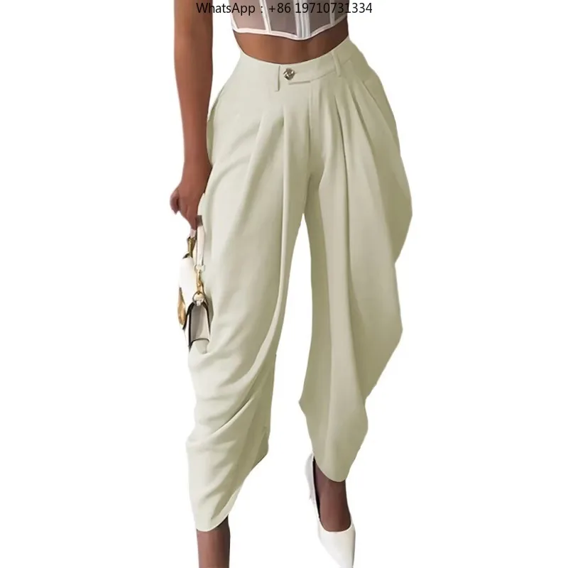 Women High Waist Pleated Ankle Pants Solid Color Draped Loose Irregular Retro Spring Vacation Casual Trousers