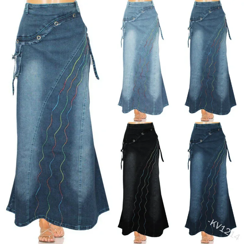 

2024 Spring New Womens Retro Artistic Style Patchwork Fish Tail Denim Skirt Large Hem Slim Fit Female Skirt