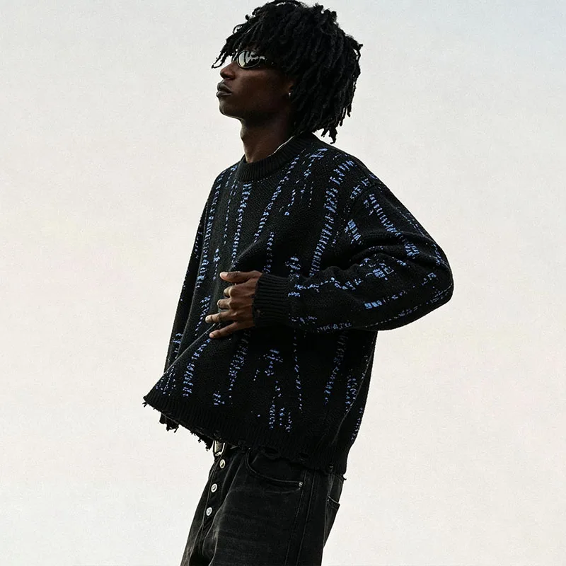 American High Street Double Layer Contrasting Perforated Sweater With Mesh Tearing Jacquard Loose Men's And Women's Knitted Top