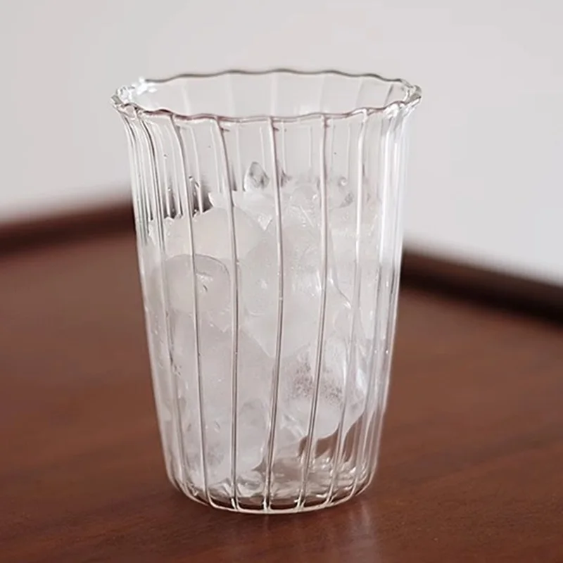 1 pc 420ml Transparent  Ribbed Latte Coffee Cup Cocktail Glasses Vertical Grain Glass Water Cup Juice Cup Coffee Whiskey Cups