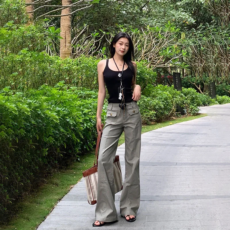 High Street Three-dimensional Pocket Micro-flared Pants. Women's Four Seasons  New Design Sense Straight Tube Slim Casual Pants