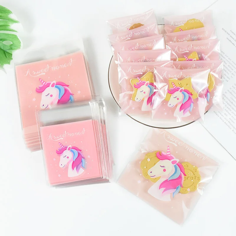 100Pcs 7x7cm/10x10cm  Unicorn Plastic Cookie Biscuits Candy Gift Packaging Bags for Kids Girl Birthday Party Baby Shower Pouch