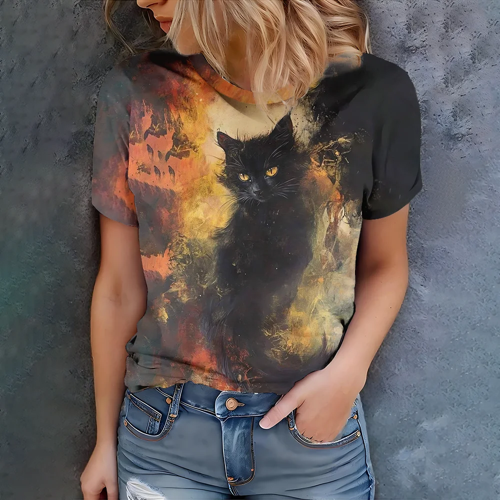 

Women's fashionable and elegant 3D printed domineering black cat pattern short sleeved top for girls' summer hot T-shirt top