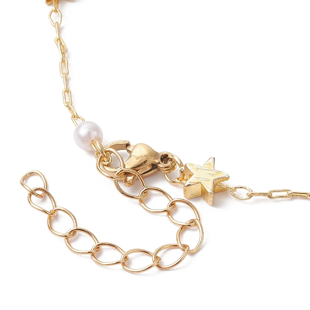 10 Stück Messing-Stern- und ABS-Imitationsperlen-Ketten für die Armbandherstellung, hellgoldener Karabinerverschluss für Verbindungsanhänger – Detail 1