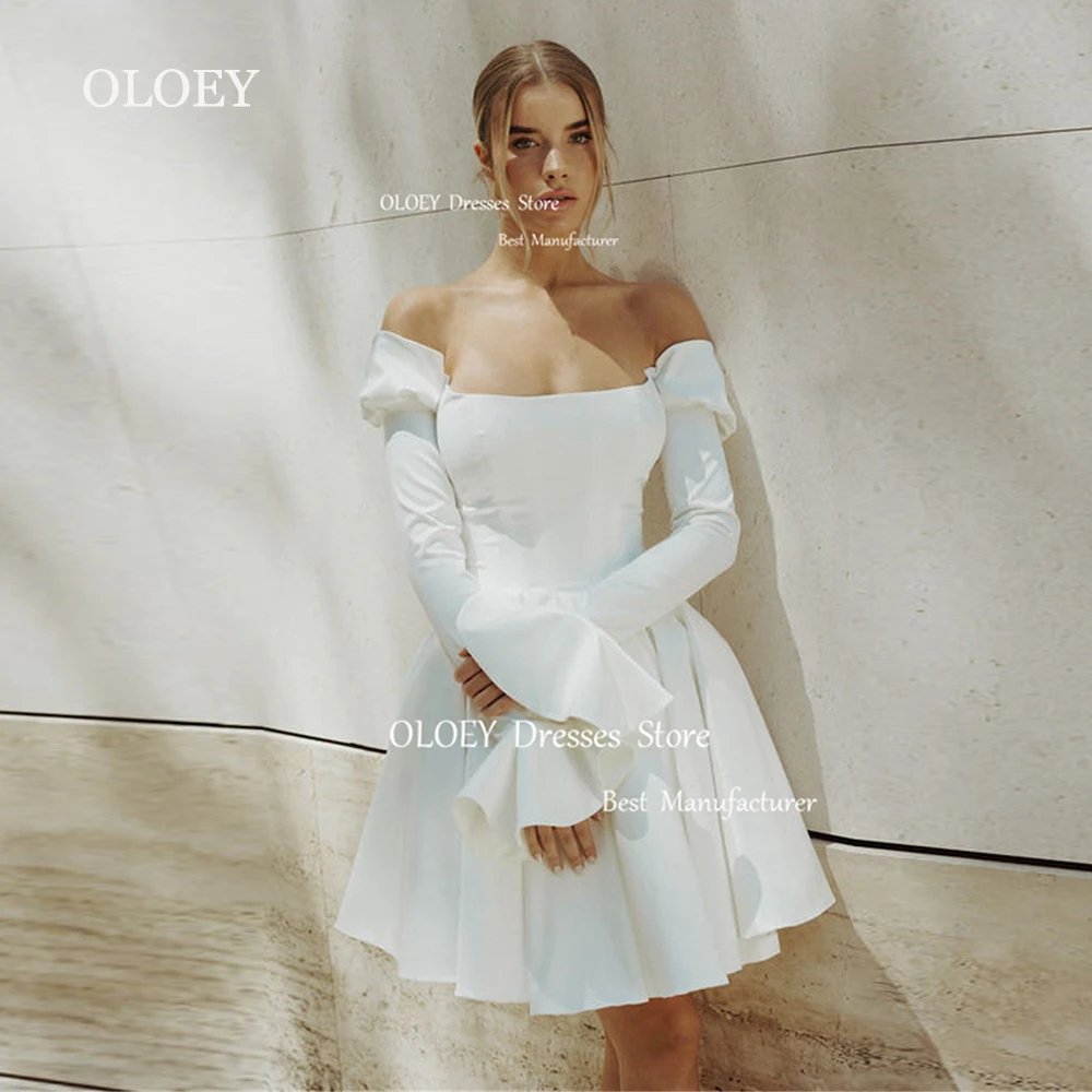 

OLOEY Elegant Ivory Satin Short Wedding Dress Off Shoulde Long Ruffles Sleeves Bridal Gown Zipper Back Custom Made Formal Gowns