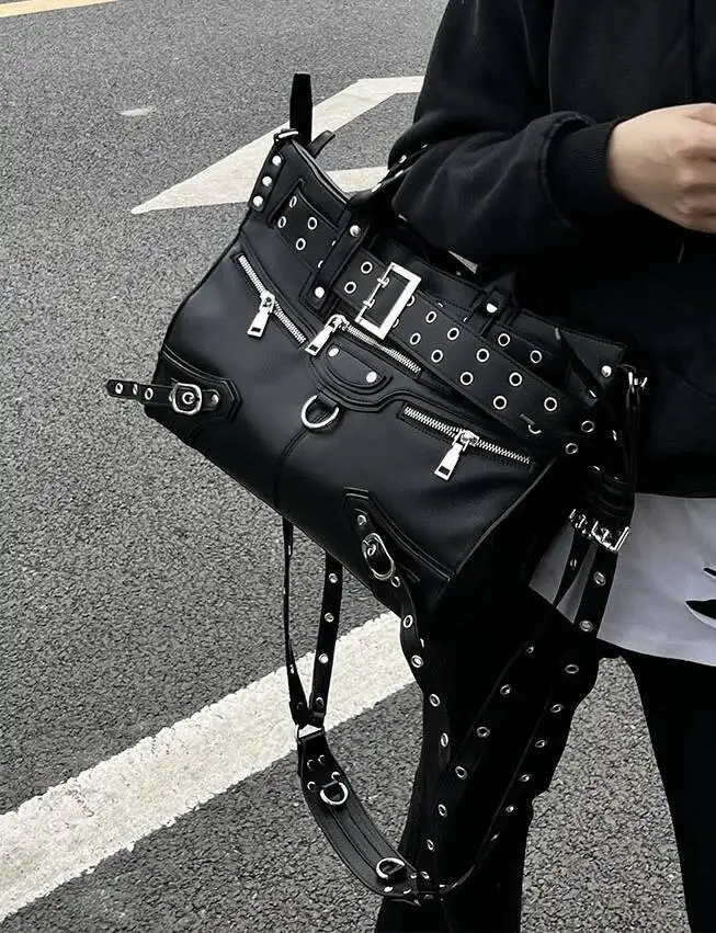 Bloom Rivet Black Tote Bag Women Y2k Grunge Vintage Large Capacity Crossbody Bags Ladies Moto Biker Designer Handbag