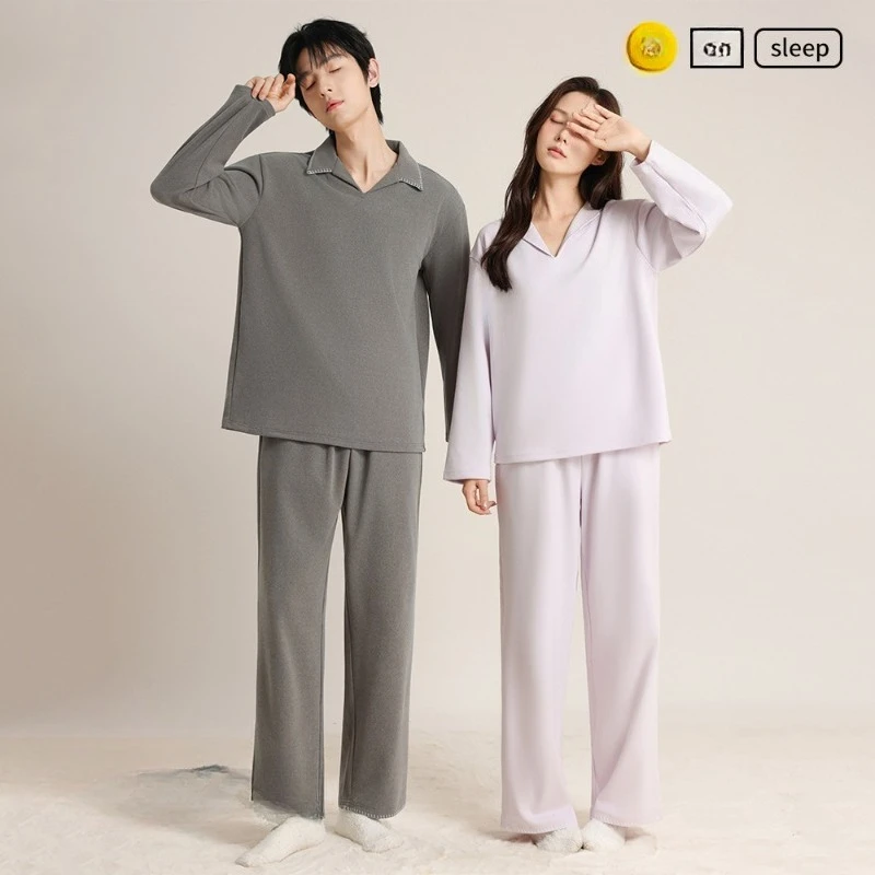 Autumn Winter Fashion Style Pajamas Couple V-neck Pullover Simple Solid Color Loose Thickened Warm Men's and Women Home Wear Set