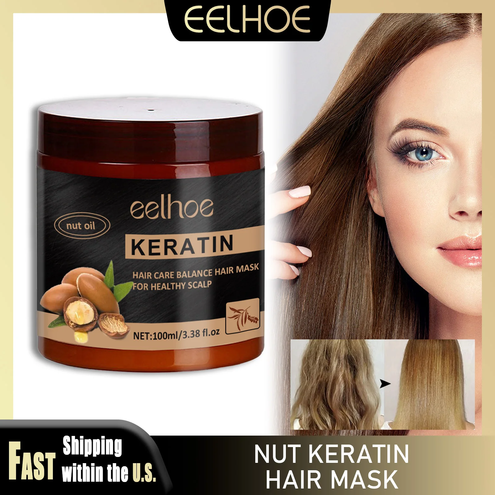 

EELHOE 100ml Nut Keratin Hair Mask Deep Nourish Repair Frizzy Damaged Flyaways Hair Gloss Softens Smooth Restores Conditioner