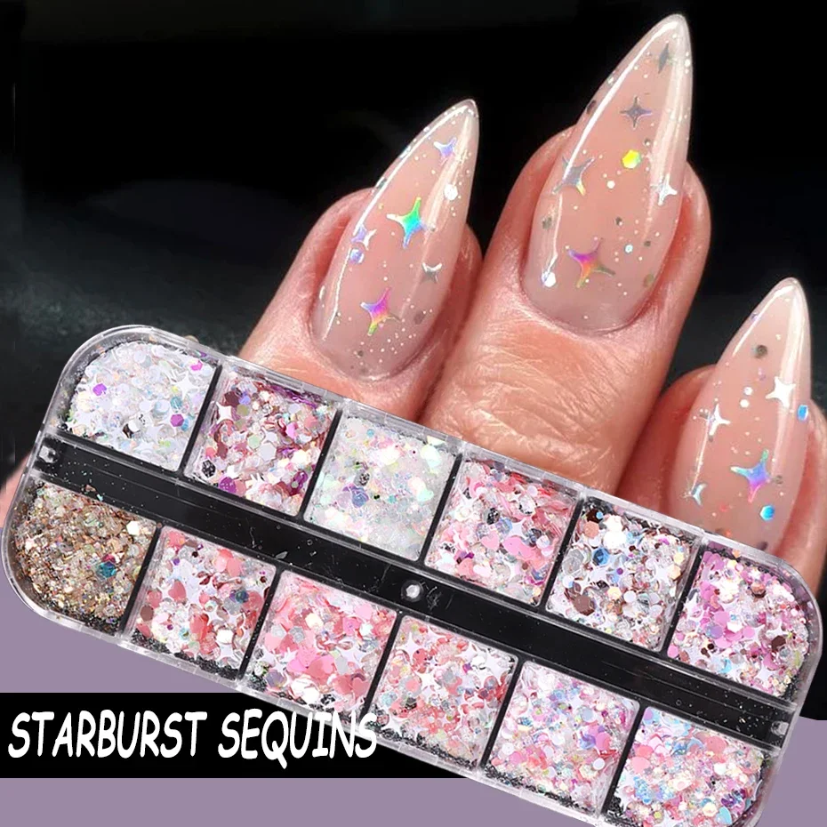 12 Grids Colorful Holographic Nail Glitter Pink Series Heart Star Hexagon Confetti Sequins Flakes Supplies Manicure Decorocation