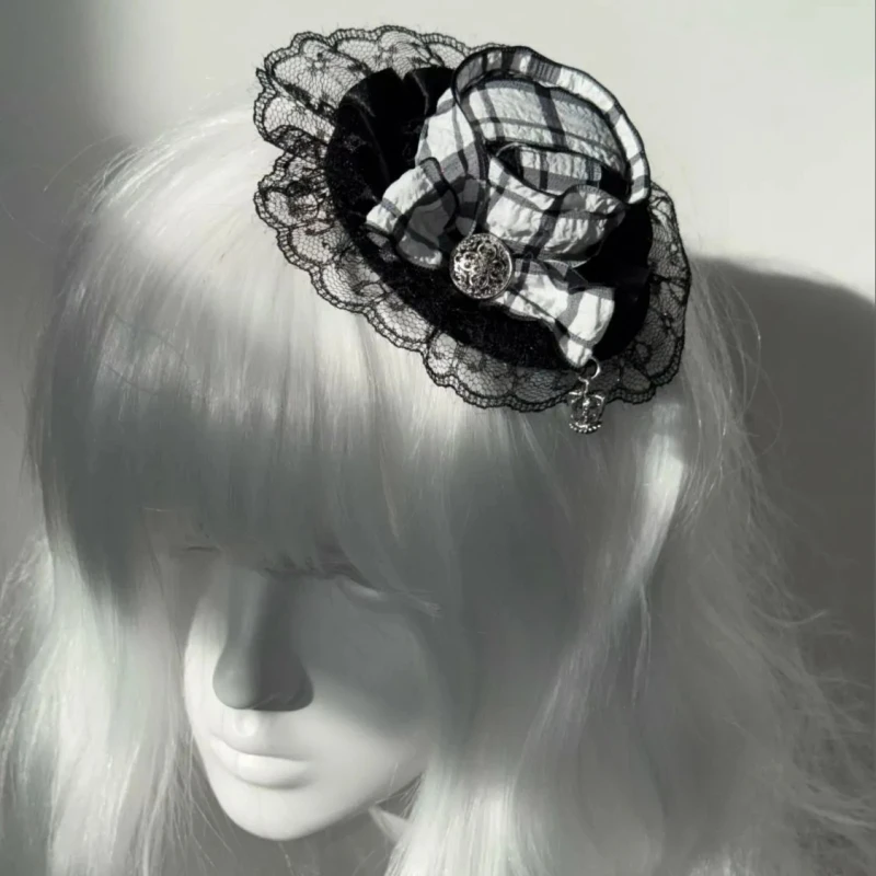 presilha-de-cabelo-lolita-gotica-artesanal-xadrez-preto-e-branco-com-renda-acessorio-de-cabelo-y2k-chapeu-decorativo-da-moda-presente
