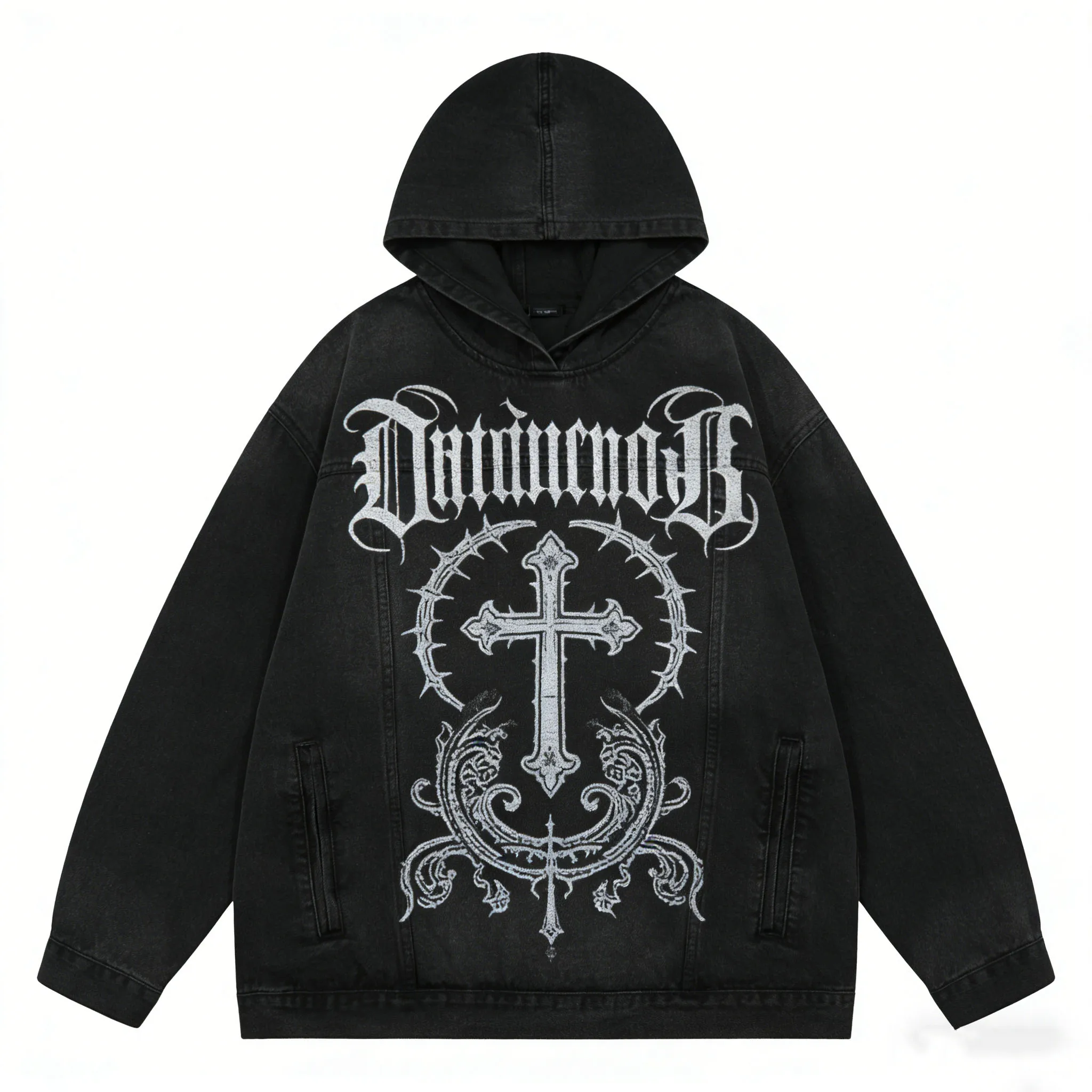 Women Gothic Denim Hoodie Cross Print Oversized Distressed Y2K Aesthetic Streetwear Autumn Winter Loose Fit Graphic Hooded tops