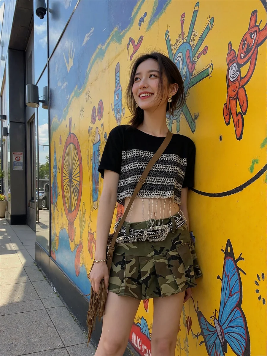 Mini camuflagem saias plissadas das mulheres vestido de baile tule applique festival boêmio único estudante doce macio faculdade elegante