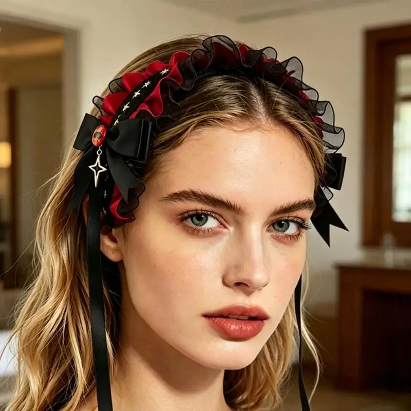 

A52E Lovely Ruffle Trim Hairband Headwear With Delicate Bowknot For Costume Parties