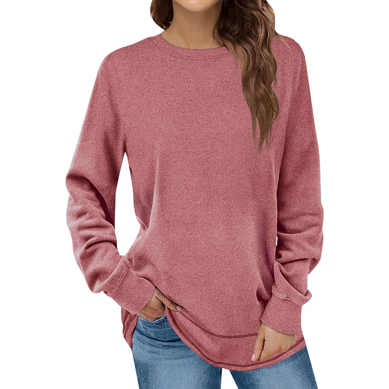 

2024 Y2K Spring Autumn Elegant Women Solid Round Neck Long Sleeve T-shirt Casual Loose Pocket Split Tees Tops Trendy Steatshirt