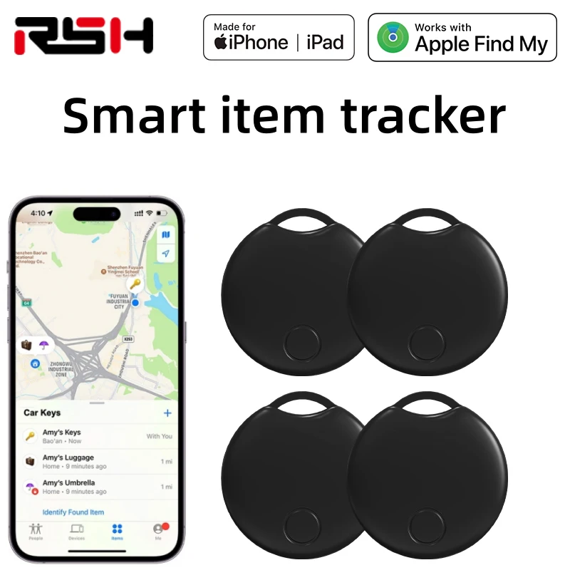 4pcs Black GPS Key Finder Bluetooth Tracker For Apple Find My (iOS only) Replaceable Battery Lost Mode Wallet Luggage Locator.