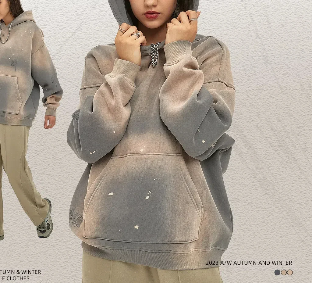 Abstract Splashed Ink Hoodies Men Heavyweight Vintage Streetwear Tattered Edges Oversized Drop Shoulder Thermal Lined Windproof