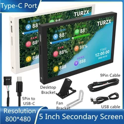 TURZX 5 Inch USB Type-C Secondary Screen Computer 800*480 IPS LCD Monitor Display CPU GPU RAM HDD Monitor No AIDA64