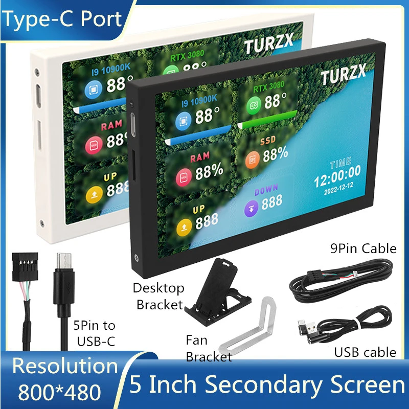 5 Inch IPS Type-C Secondary Screen Computer LCD Display USB Dynamic Display Sub-Screen CPU GPU RAM HDD Monitoring Freely AIDA64