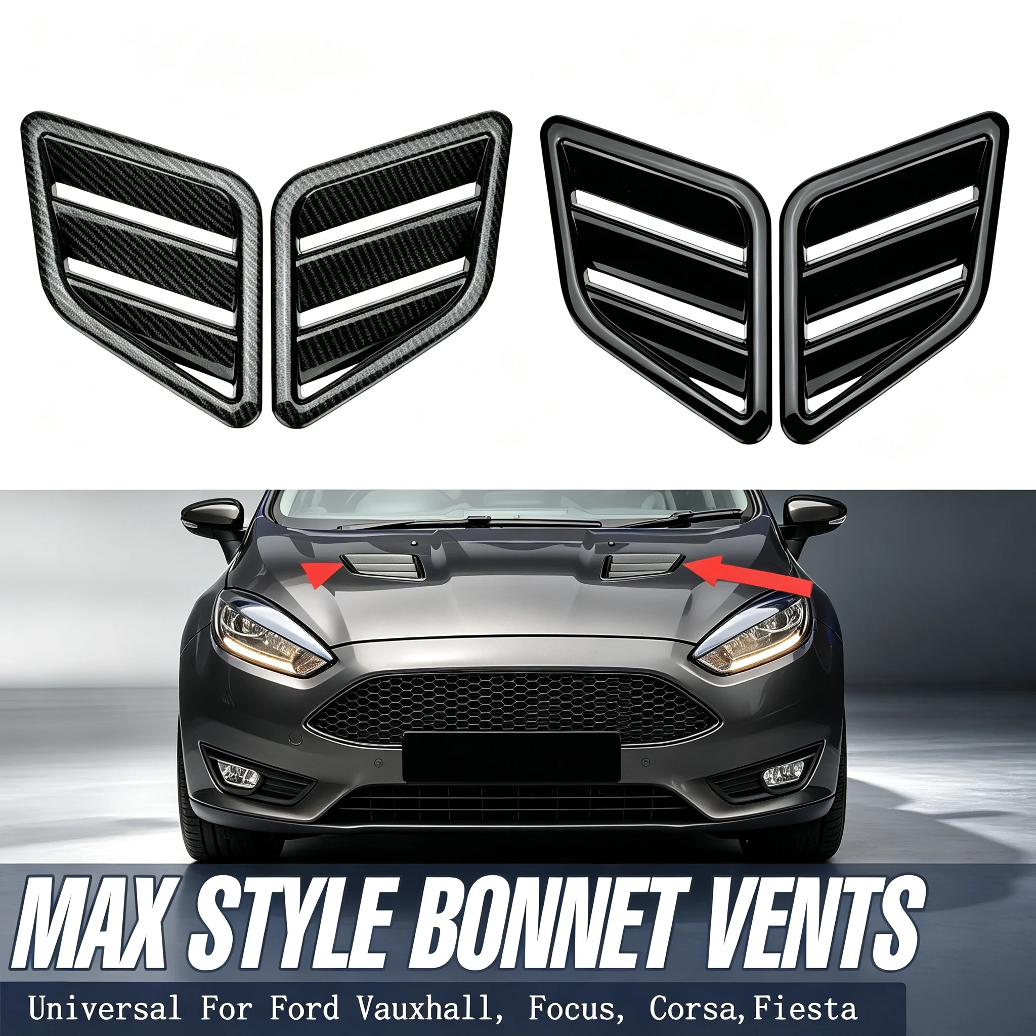 Max‑Style ABS Plastic Bonnet Vent Stickers Pair Decorative Hood Air Vents For Ford Focus RS Fiesta Vauxhall Corsa
