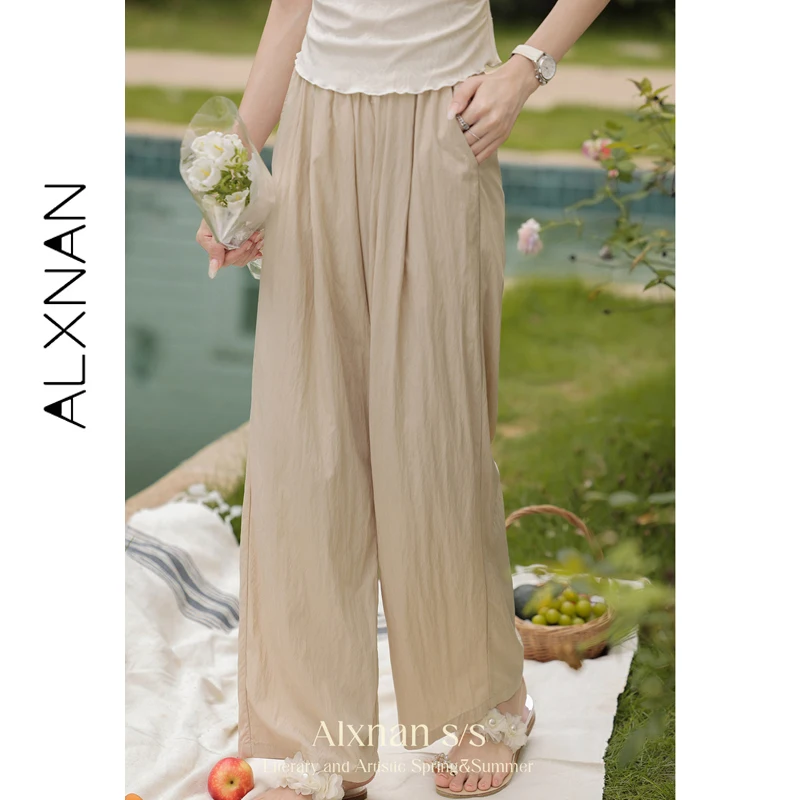 

Женские широкие брюки ALXNAN, повседневные свободные брюки с высокой талией, летние легкие офисные брюки с эластичной резинкой на талии QYM001352