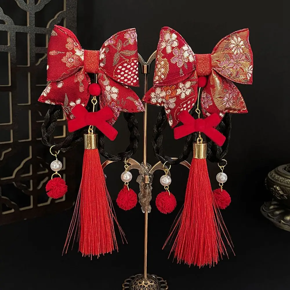 

Simple Flower Girl Hair Accessories Pearl Tassels Red Bow Hair Clip New Year Headdress Baby Wig Hairpin Child Hair Accessories