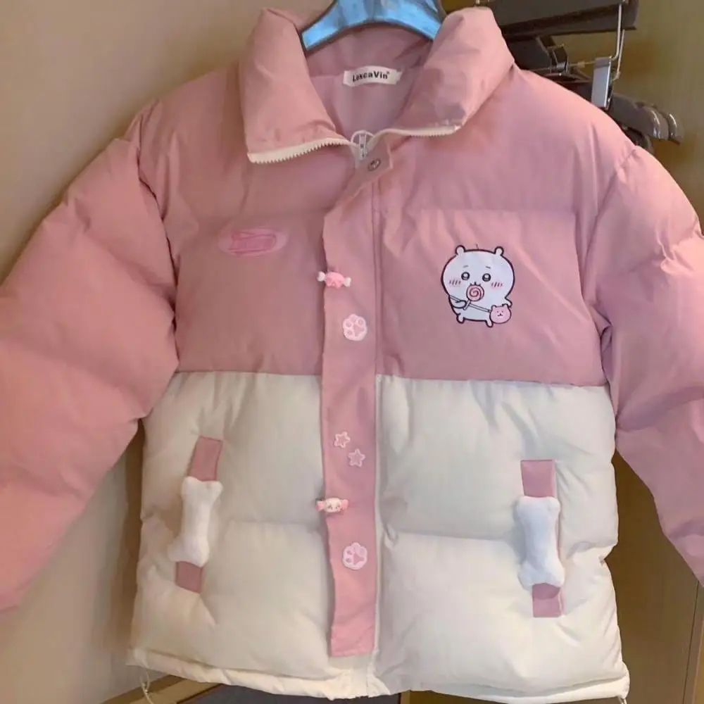 

Зимний пуховик в стиле аниме, пальто Chiikawa Usagi, утепленная хлопковая одежда для пар с героями мультфильмов, куртка с лацканами, свободные милые теплые топы для девочек