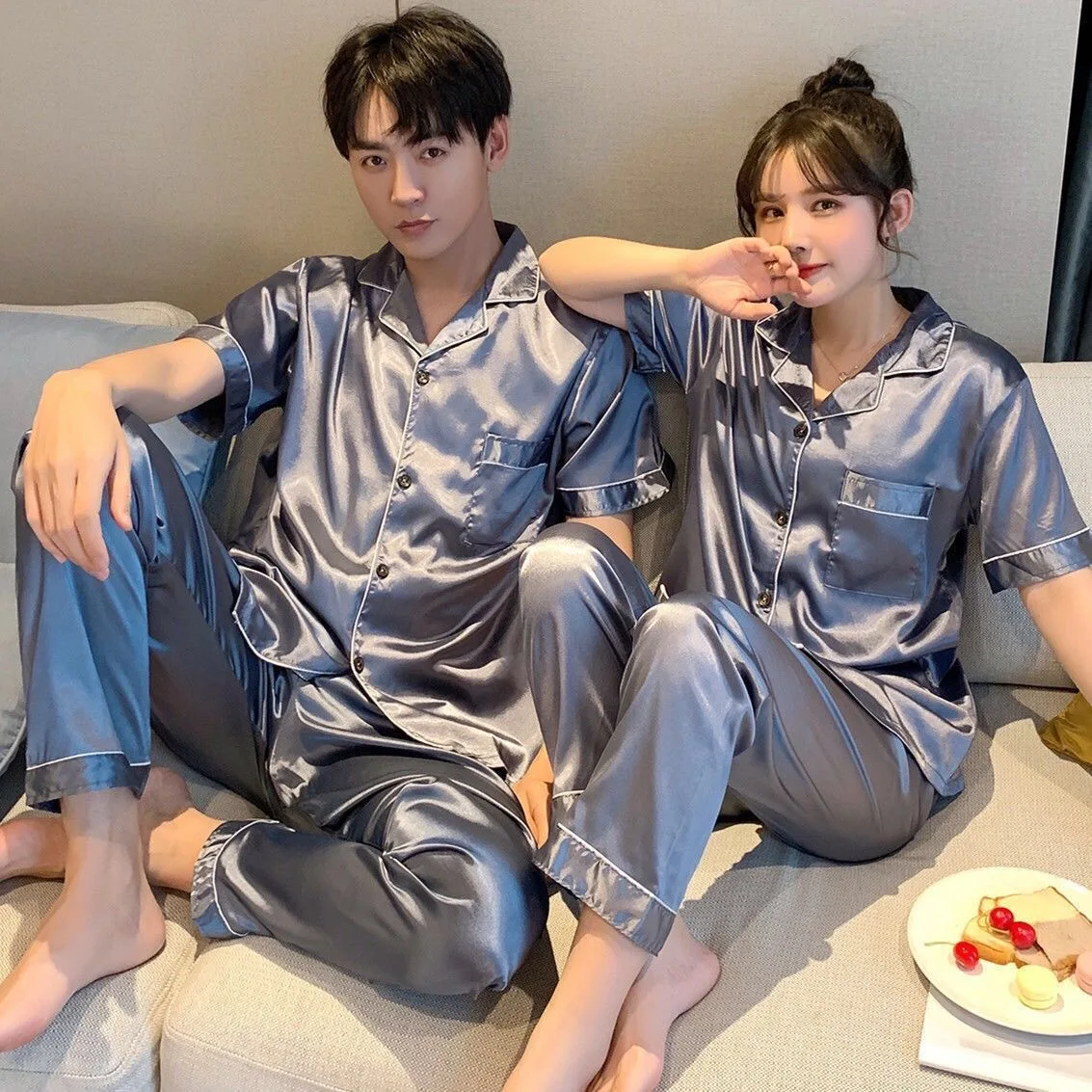 Pajamas Men's Summer and Spring Ice Silk Thin Short Sleeve Trousers set Korean plus size M-5XL loungewear pijamas para parejas