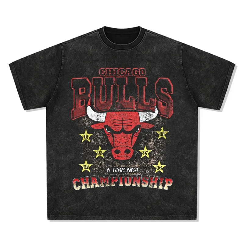 

2025 BULLS American T-shirt, Street Hip-hop Trendy Brand, Retro Print, Aged, Washed, Heavy Pure Cotton Short-sleeved