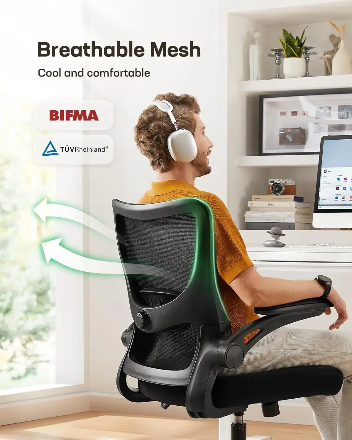 Office Chair Ergonomic Desk Chair with 3 Ways PU Armrests and Adjustable Lumbar Support Breathable Mesh Computer Chair