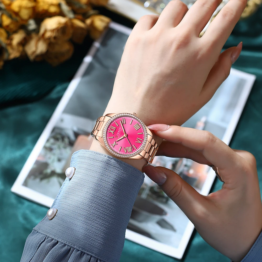 CURREN NEW Luxury Stainless Steel Wristwatches for Ladies Romantic Rose Pink with Rhinestones Roman Numeral Dial