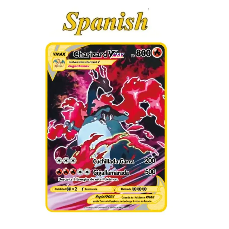 بطاقة بوكيمون المعدنية 10000 نقطة Arceus Charizard Super Card الذهبي الإسباني Mewtwo Vmax GX EX أنيمي جمع بطاقات هدية