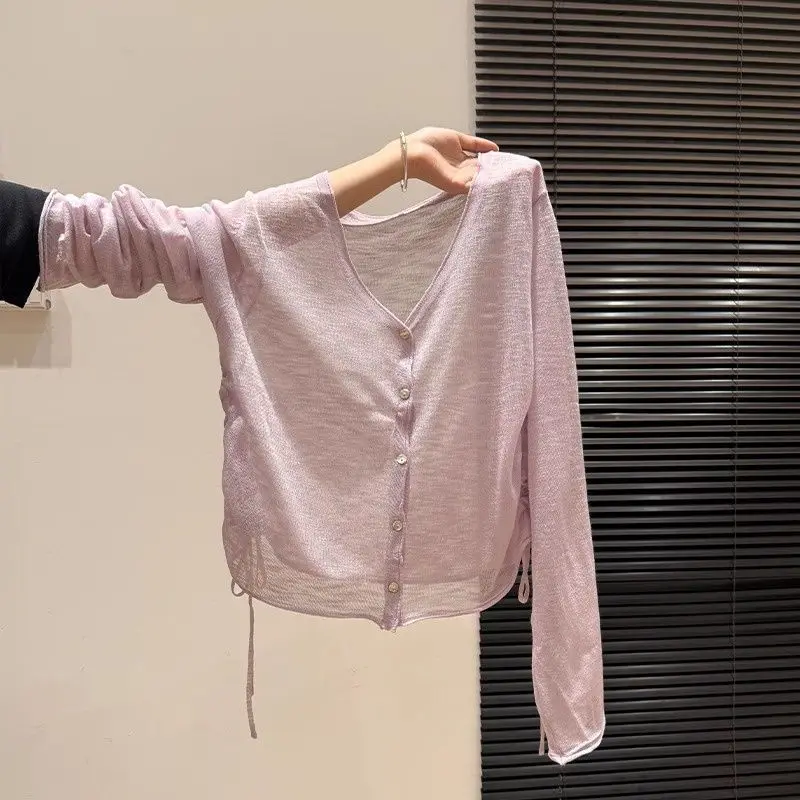 Summer V-Neck New Style Thin Knitted Women Long Sleeve  Fashion Drawstring Design Breathable Casual Top Women Clothing