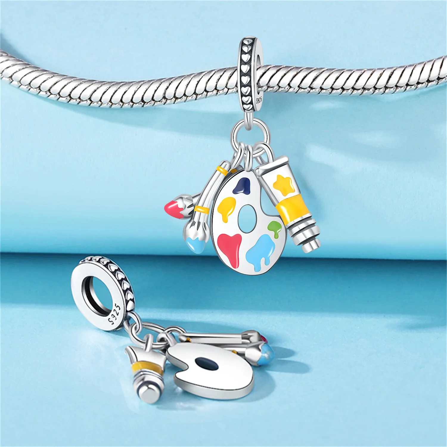 PANPOKI 925 Sterling Silver Brush Color Palette Pigment Bead Original Pendants Bracelet Necklace Charm Jewelry Party DIY Gifts