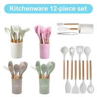 12Pcs Silicone Kitchen Utensil Set with Wooden Handles Heat Resistant Non Stick Cooking Tools and Storage Holder