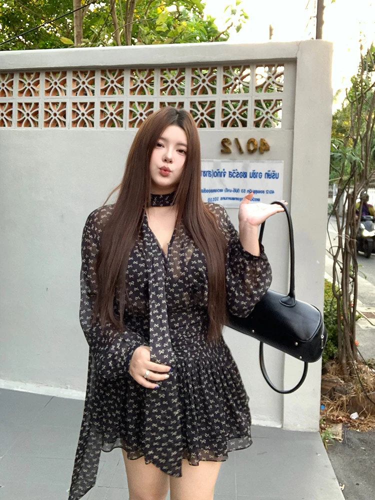 

Spring New plus Size Women's Dr Floral Print Chiffon Pleated Skirt V-Ne Casual Sle mid Waist Polyester Fiber Long Sve