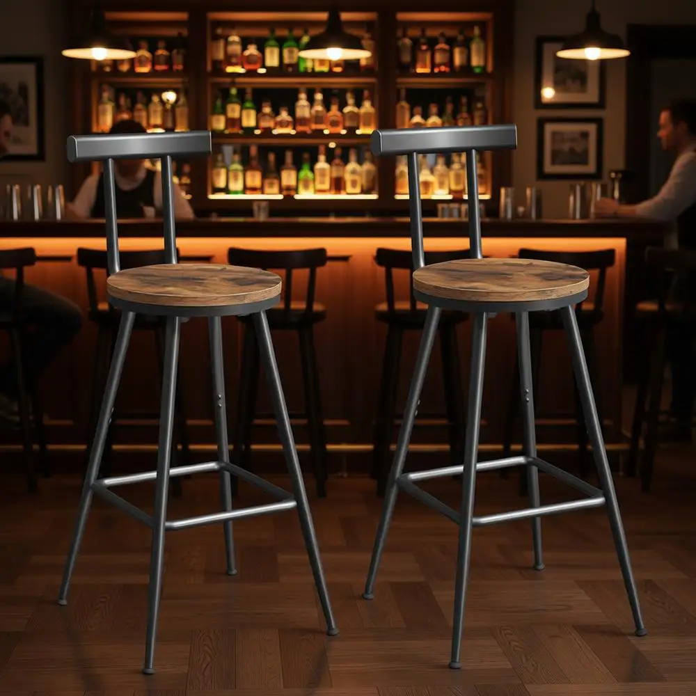 

Set of 2 Bar Chairs with Backrest and Footrest, 26 Tall Counter Stools, Metal Frame, Adjustable Seat, Easy Assembly for Kitchen,
