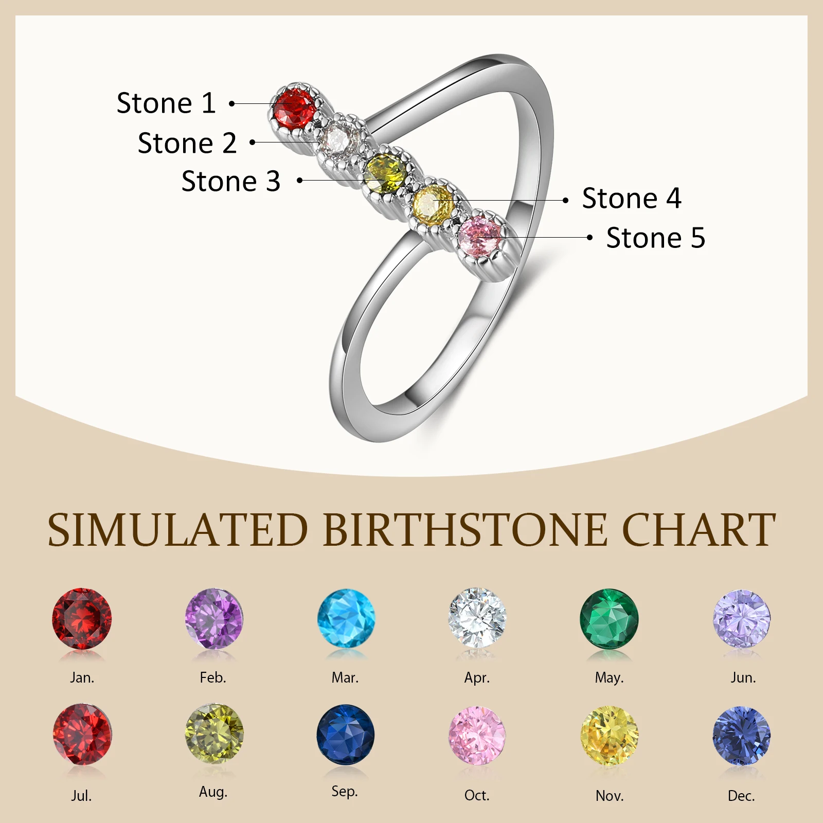 Geometric Style Customized DIY 12 Months Birthstone Rings for Women Silver Color Female Finger Ring Personalized Gift for Family