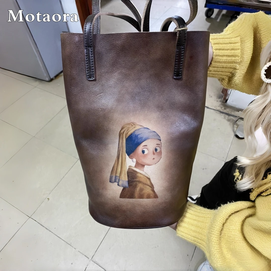 

MOTAORA Retro Genuine Leather Women's Bucket Bag Luxury Designer Long Handle Shoulder Handbag for Women Crossbody Purse Tote NEW
