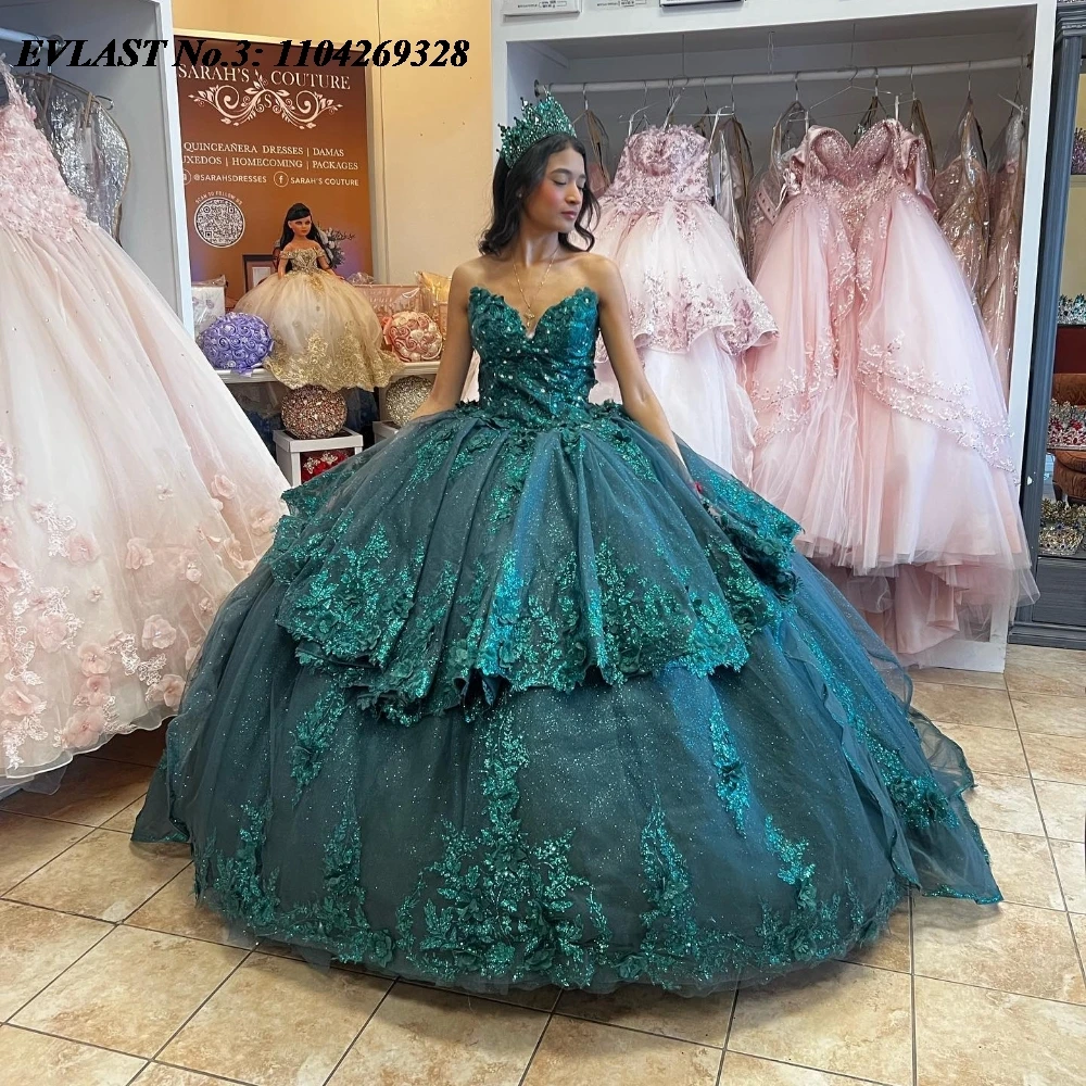 EVLAST Customized Shiny Dark Green Quinceanera Dress Ball Gown Lace Applique Beading Tiered Sweet 16 Vestido De 15 Anos E3Q480