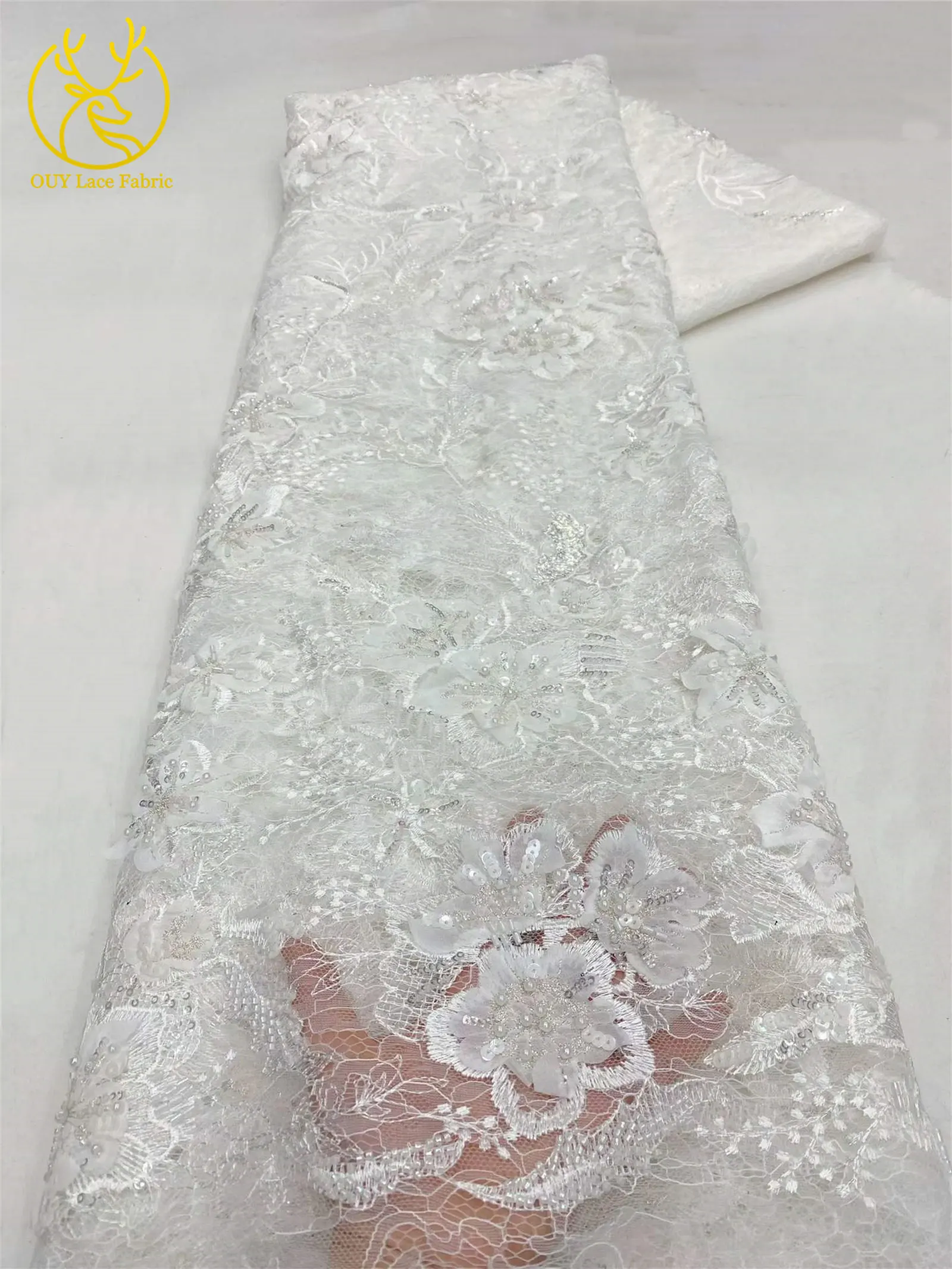 Neuer Stil Afrikanischer 3D-Stickerei-Perlen-Blumen-Spitzenstoff 2026 Französischer Pailletten-Spitzenstoff zum Nähen von Brautkleidern und Partykleidern – Detail 12