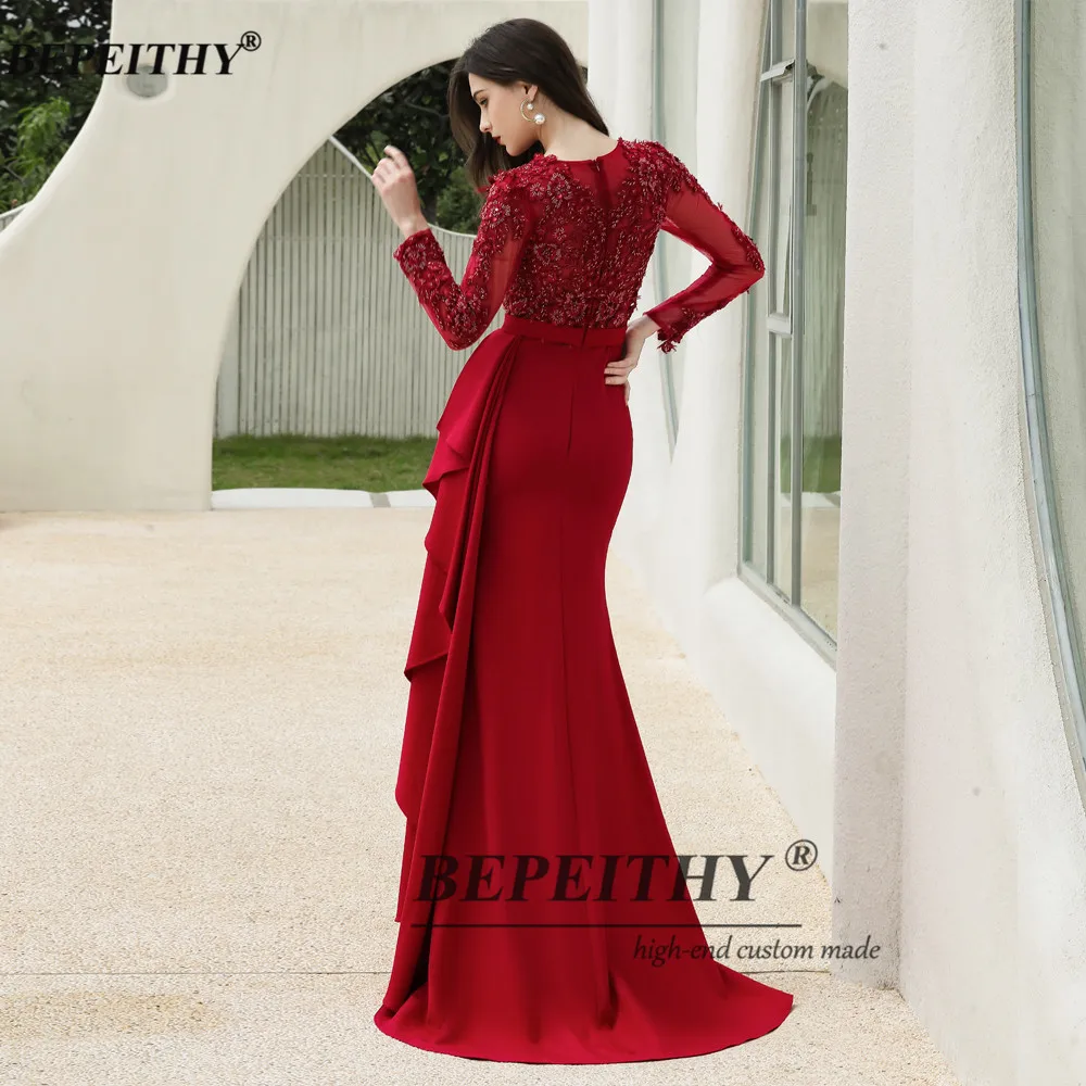 BEPEITHY Customized O Neck Mermaid Lace Evening Dress Sexy Full Sleeves Red Prom Dresses For Women 2023 Ladies Dress For Party