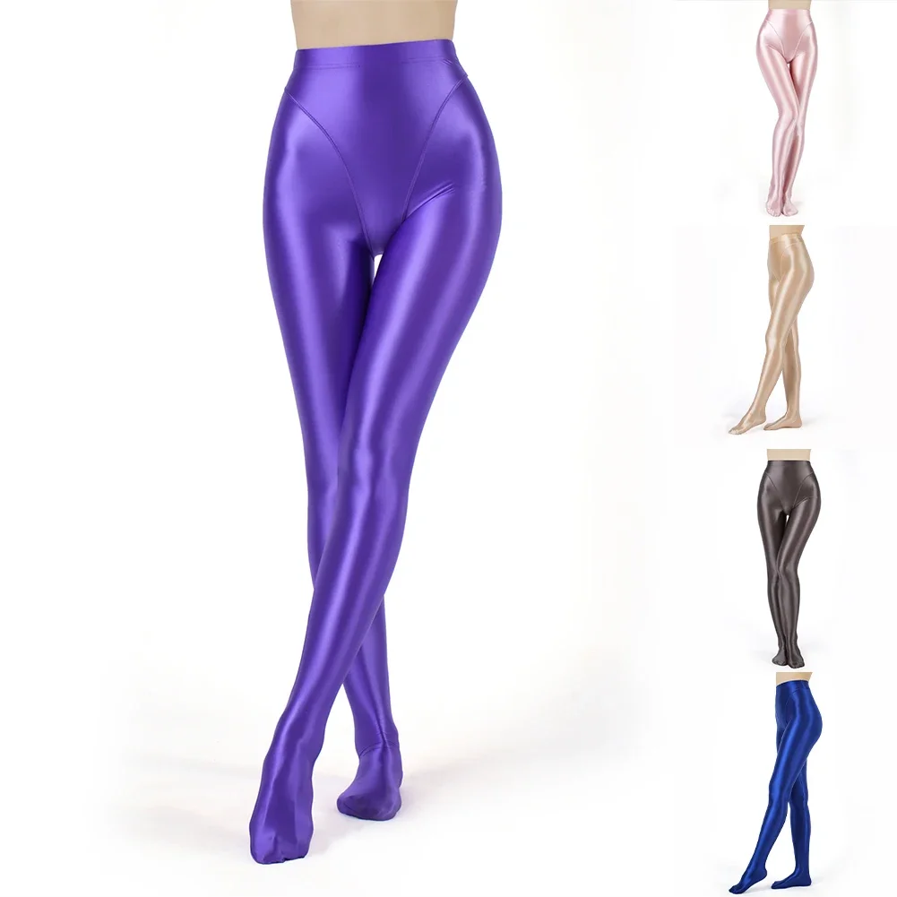 Sexy Tight Pantyhose Women Oil Glossy Elastic Yoga Shaping Pants Sheer See Through Leggings Seamless Night Club Wear