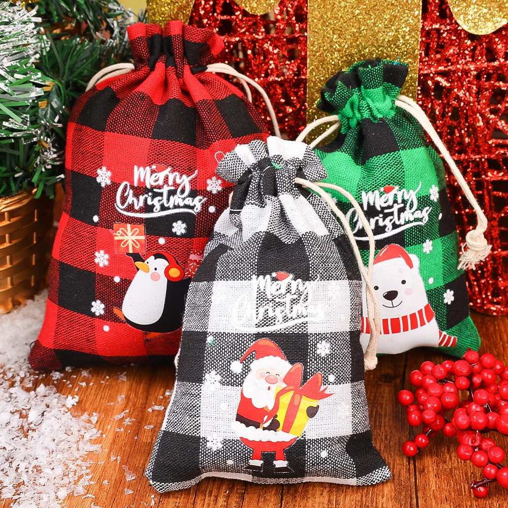 1-20Pcs Christmas Drawstring Bags Candy Gift Burlap Bag Boutique Jewelry Packaging Bags Santa Snowman Elk Plaid Print Pounches