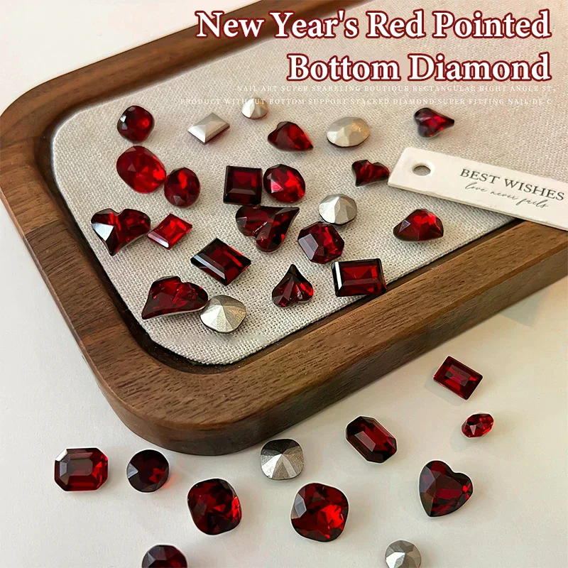5 Pcs Multiple Shapes Red Nail Gems Pointed Bottom Rhinestones Nail Crystal Diamond Mixed Luxury Glass Rhinestones Charms Decor