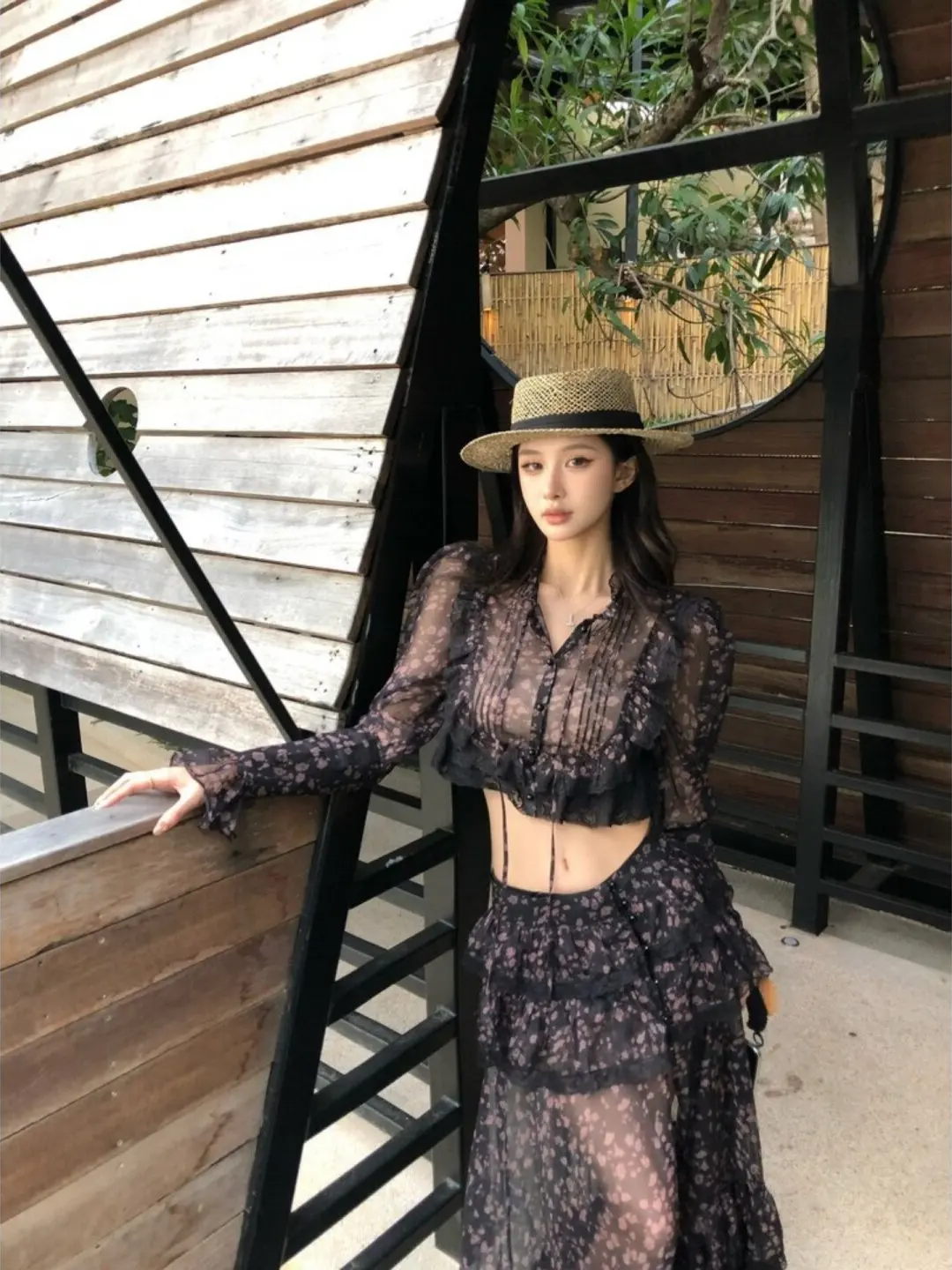 

Sexy Floral Print Two-Piece Set Women's Summer Beach Vacation Black Shirt Long Skirt High Waist Loose Fit Breathable Lightweight