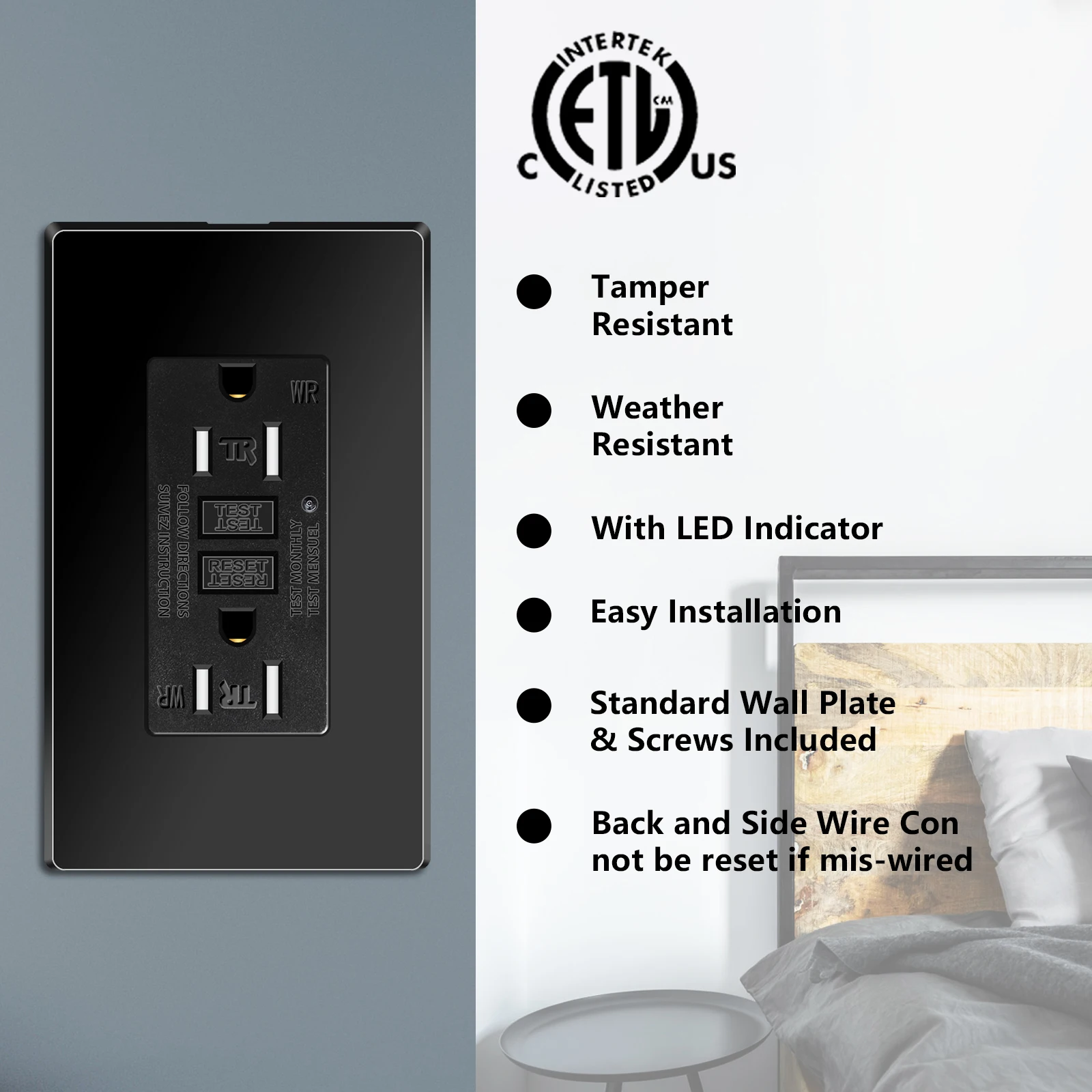 1PK-20PK GFCI GFI Outlet 15A 125V Black Safety Receptacle Plug Tamper Resistant TR WR Plate Socket With ETL Listed and LED Light