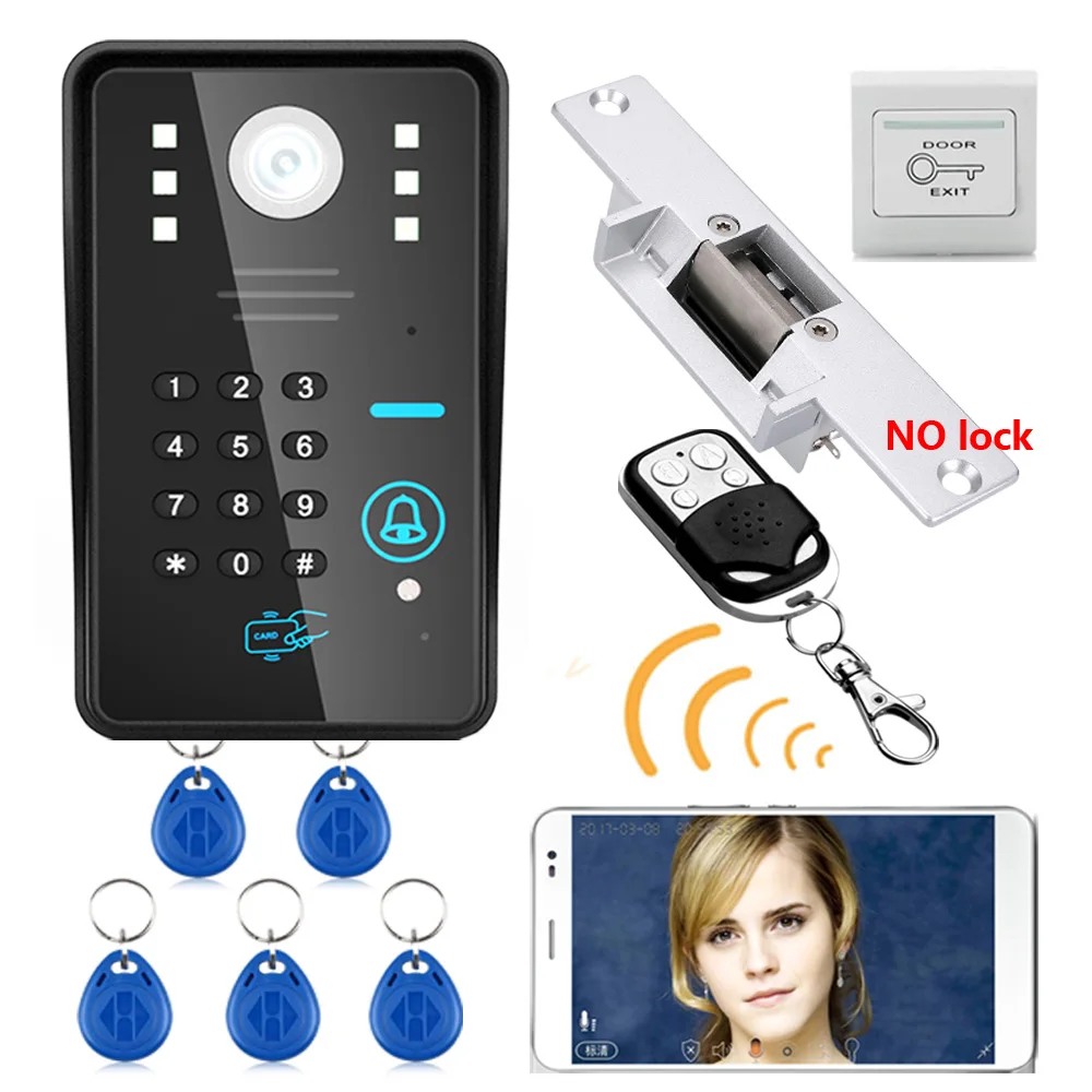 Wireless WIFI RFID Password Video Doorbell NO Electric Strike Door Lock Wireless Remote Control unlock Access Control System