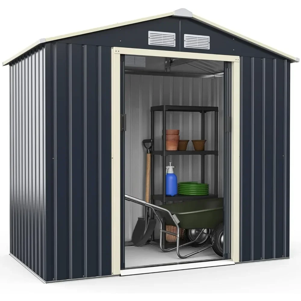 

Storage Shed, Metal 7’ X 4’ Outdoor Building Organizer with 4 Vents & Double Sliding Door for Garden Backyard Farm (7'X4')