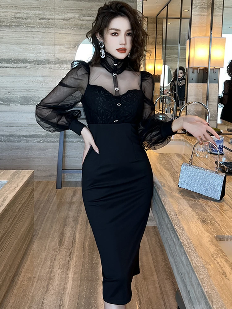 Elegant Sexy Retro Midi Dresses for Women 2023 Perspective Mesh Black Dress Bubble Sleeve Slit Robe Femme Party Banquet Vestido