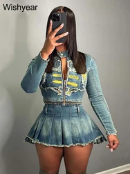 Harajuku Stretch Denim Women's Embroidery Jacket and Mini Pleated Skirt 2 Two Piece Suits Washed Streetwear Night Club Outfits